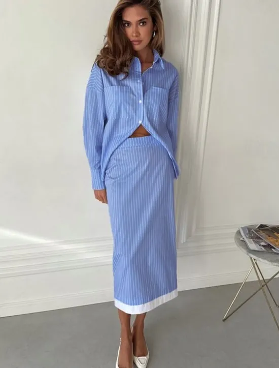 Sale Women's Elegant Vacation Vintage Skirt Sets Long Sleeve Shirt Collar Striped Patchwork Vacation Office Daily Summer Regular Fit Women Sets