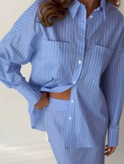 Sale Women's Elegant Vacation Vintage Skirt Sets Long Sleeve Shirt Collar Striped Patchwork Vacation Office Daily Summer Regular Fit Women Sets