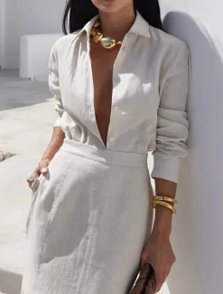 Outlet Women's Elegant Vacation Vintage Skirt Sets Long Sleeve Shirt Collar Solid Color Vacation Casual Daily Spring Regular Fit Women Two Piece Sets