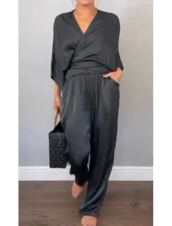 Hot Women's Elegant Vacation Vintage Two Piece Sets Short Sleeve 3/4 Length Sleeve V Neck Plain Wrap Vacation Party Office Black White Light Brown Summer Loose Fit Women Two Piece Sets