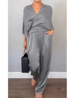 Hot Women's Elegant Vacation Vintage Two Piece Sets Short Sleeve 3/4 Length Sleeve V Neck Plain Wrap Vacation Party Office Black White Light Brown Summer Loose Fit Women Two Piece Sets
