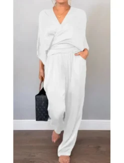 Hot Women's Elegant Vacation Vintage Two Piece Sets Short Sleeve 3/4 Length Sleeve V Neck Plain Wrap Vacation Party Office Black White Light Brown Summer Loose Fit Women Two Piece Sets