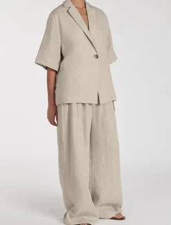 Outlet Women's Elegant Vintage Fashion Linen Sets Half Sleeve Notch lapel collar Vacation Office Work Summer Loose Fit Women Sets