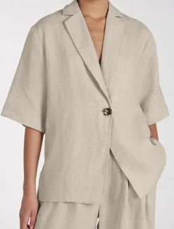 Outlet Women's Elegant Vintage Fashion Linen Sets Half Sleeve Notch lapel collar Vacation Office Work Summer Loose Fit Women Sets