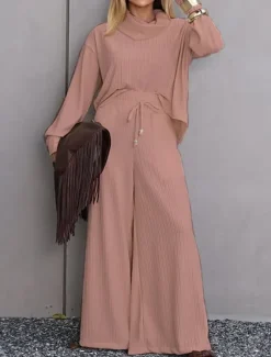Online Women's Elegant Vintage Fashion Pants Sets Bolero Top Long Sleeve Turtleneck Solid Color Casual Daily Date Rose Gold White Champagne Fall Loose Fit Women Two Piece Sets