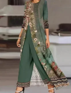 Discount Women's Embroidered Salwar Kameez Palazzo Set Cream Traditional Ethnic Wear Floral Embroidery Festive Wedding Party All Season Comfort Fit Women Spring Tops|Two Piece Sets