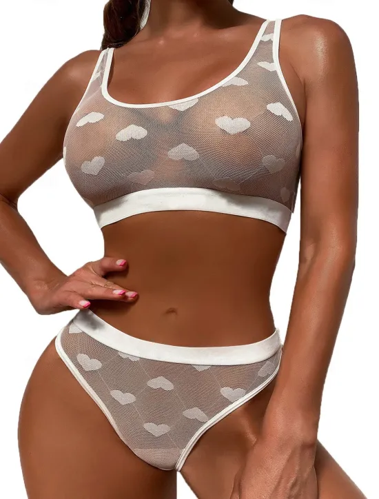 Women'S Erotic Underwear Fashion Sexy Mesh Perspective Love Pattern Women'S Underwear Set Home Outfits Women Lingerie