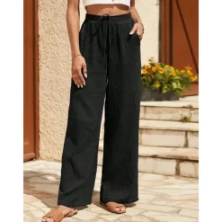New Women's EU / US Size Cotton Linen Pants Straight Comfort Trousers Full Length Natural Plain Drawstring Comfy Inelastic Daily Wear Casual Daily Apple Green Black Walnut Spring Fall & Winter Loose Fit Women Pants