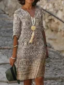 Hot Women's EU / US Size Midi Dress Jumper Dress Boho Dress Spring Dress Boho Wedding Guest Dress Elegant Bohemia Stylish Elbow Sleeve Vacation Work Daily Loose Fit Geometric Plaid 3/4 Length Sleeve V Women Floral Dresses