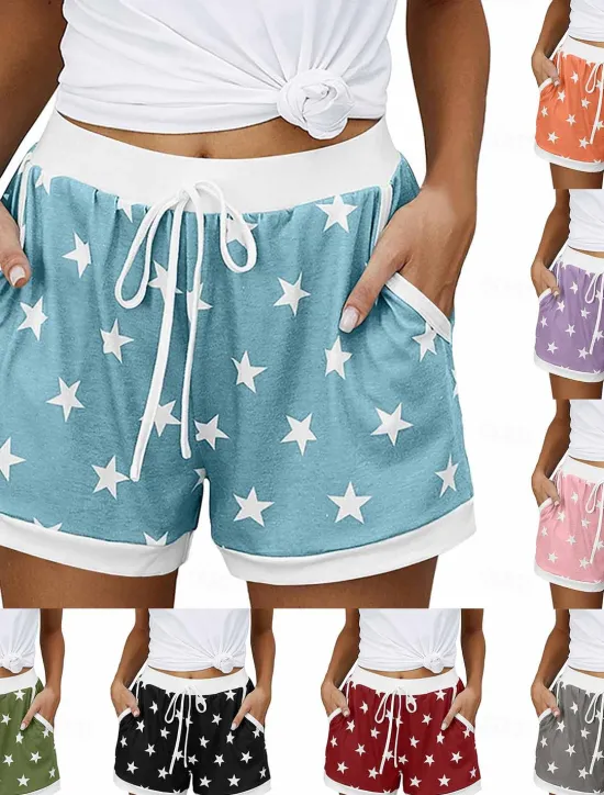 New Women's EU / US Size Pajamas Track Pants Baggy Shorts Athleisure Athletic Short Medium Waist Star Pocket Printing Basic Outdoor Comfortable Sports Micro-elastic Casual Sports claret Spring Grass Women Shorts