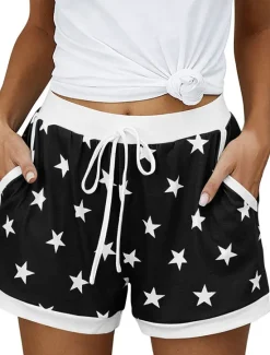New Women's EU / US Size Pajamas Track Pants Baggy Shorts Athleisure Athletic Short Medium Waist Star Pocket Printing Basic Outdoor Comfortable Sports Micro-elastic Casual Sports claret Spring Grass Women Shorts