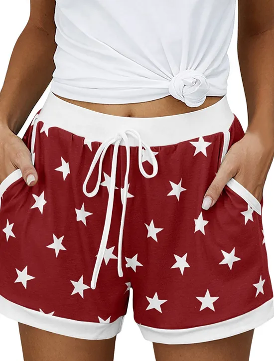 New Women's EU / US Size Pajamas Track Pants Baggy Shorts Athleisure Athletic Short Medium Waist Star Pocket Printing Basic Outdoor Comfortable Sports Micro-elastic Casual Sports claret Spring Grass Women Shorts