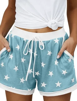 New Women's EU / US Size Pajamas Track Pants Baggy Shorts Athleisure Athletic Short Medium Waist Star Pocket Printing Basic Outdoor Comfortable Sports Micro-elastic Casual Sports claret Spring Grass Women Shorts