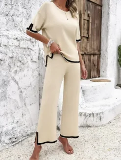 Sale Women's EU / US Size2 Pieces SetsDaily T Shirt Wide Leg Pants Short Sleeve Crew Neck Plain Casual Daily Summer Loose Fit Women Two Piece Sets
