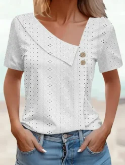 Best Women's Eyelet top Dressy Tops Elegant Stylish Solid Color Buttons Eyelet Short Sleeve Asymmetrical Daily Grass Green White Pink Army Green Blue Summer Women Lace Tops