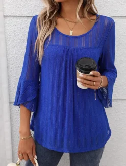 Online Women's Eyelet top Solid Color Elegant Vintage Cute 3/4 Length Sleeve Crew Neck Regular Tops Work Daily Holiday Ruched Ruffle Glitter Colorful blue Black Red Navy Blue Dark Green Spring Fall Women Blouses & Shirts