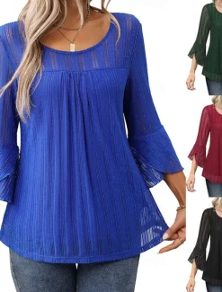 Online Women's Eyelet top Solid Color Elegant Vintage Cute 3/4 Length Sleeve Crew Neck Regular Tops Work Daily Holiday Ruched Ruffle Glitter Colorful blue Black Red Navy Blue Dark Green Spring Fall Women Blouses & Shirts