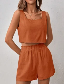 Clearance Women's Fashion Basic Blouse Shorts Sets Sleeveless Square Neck Solid Color Ruched Going out Casual Daily Black Orange Khaki Summer Regular Fit Women Two Piece Sets