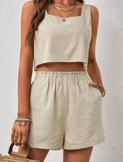 Clearance Women's Fashion Basic Blouse Shorts Sets Sleeveless Square Neck Solid Color Ruched Going out Casual Daily Black Orange Khaki Summer Regular Fit Women Two Piece Sets