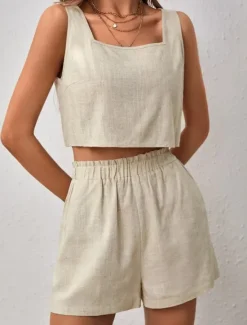 Clearance Women's Fashion Basic Blouse Shorts Sets Sleeveless Square Neck Solid Color Ruched Going out Casual Daily Black Orange Khaki Summer Regular Fit Women Two Piece Sets