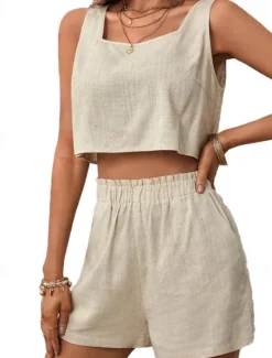 Clearance Women's Fashion Basic Blouse Shorts Sets Sleeveless Square Neck Solid Color Ruched Going out Casual Daily Black Orange Khaki Summer Regular Fit Women Two Piece Sets