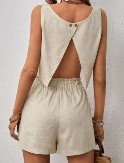 Clearance Women's Fashion Basic Blouse Shorts Sets Sleeveless Square Neck Solid Color Ruched Going out Casual Daily Black Orange Khaki Summer Regular Fit Women Two Piece Sets