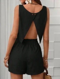 Clearance Women's Fashion Basic Blouse Shorts Sets Sleeveless Square Neck Solid Color Ruched Going out Casual Daily Black Orange Khaki Summer Regular Fit Women Two Piece Sets
