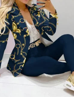 Discount Women's Fashion Blazer Trousers Long Sleeve Shirt Collar Graphic Patchwork Casual Daily Spring & Fall Regular Fit Women Two Piece Sets