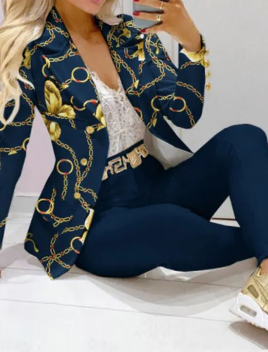 Discount Women's Fashion Blazer Trousers Long Sleeve Shirt Collar Graphic Patchwork Casual Daily Spring & Fall Regular Fit Women Two Piece Sets