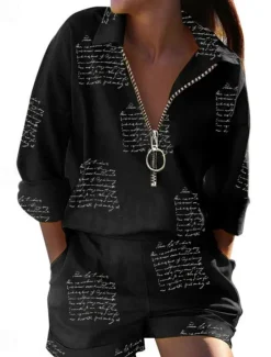 Clearance Women's Fashion Boho Shirt Shorts Sets Baggy Shorts Long Sleeve Shirt Collar Graphic Butterfly Zipper Print Casual Daily Black White Yellow Spring & Summer Regular Fit Women Boho Tops