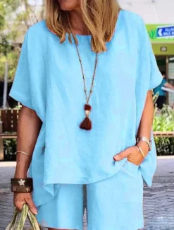 Clearance Women's Fashion Comfort Soft Linen-Inspired Sets Two Piece Sets Short Sleeve Short Pant Crew Neck Pure Color Pocket Elastic Waist Vacation Home Daily White Army Green Khaki Summer Women Sets