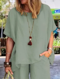 Clearance Women's Fashion Comfort Soft Linen-Inspired Sets Two Piece Sets Short Sleeve Short Pant Crew Neck Pure Color Pocket Elastic Waist Vacation Home Daily White Army Green Khaki Summer Women Sets