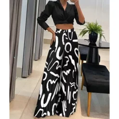 Hot Women's Fashion Crop Top Pants Sets Wide Leg Pants Trousers Long Sleeve Shirt Collar Graphic Print Casual Daily Black Yellow Khaki Spring & Fall Regular Fit Women Two Piece Sets