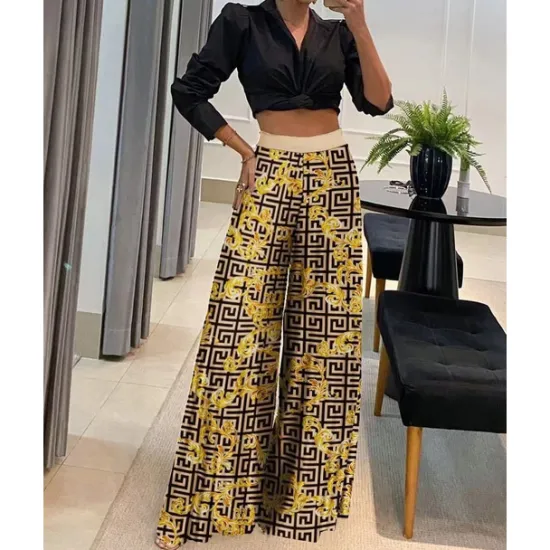 Hot Women's Fashion Crop Top Pants Sets Wide Leg Pants Trousers Long Sleeve Shirt Collar Graphic Print Casual Daily Black Yellow Khaki Spring & Fall Regular Fit Women Two Piece Sets