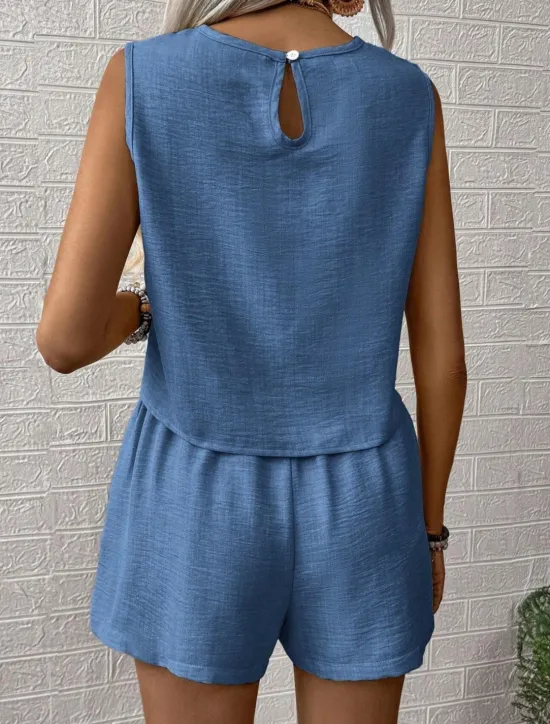 Hot Women's Fashion Daily Linen-Inspired Sets Two Piece Sets Tank Top Baggy Shorts Sleeveless Crew Neck Plain Casual Daily Black Royal Blue Orange Summer Regular Fit Women Sets