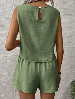 Hot Women's Fashion Daily Linen-Inspired Sets Two Piece Sets Tank Top Baggy Shorts Sleeveless Crew Neck Plain Casual Daily Black Royal Blue Orange Summer Regular Fit Women Sets