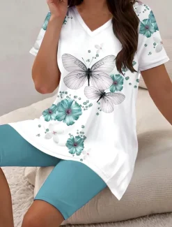 Outlet Women's Fashion Daily T Shirt Shorts Sets Short Sleeve V Neck Ombre Floral Butterfly Print Daily Casual Daily Light Green Grape Ocean Blue Summer Regular Fit Women Two Piece Sets
