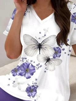 Outlet Women's Fashion Daily T Shirt Shorts Sets Short Sleeve V Neck Ombre Floral Butterfly Print Daily Casual Daily Light Green Grape Ocean Blue Summer Regular Fit Women Two Piece Sets