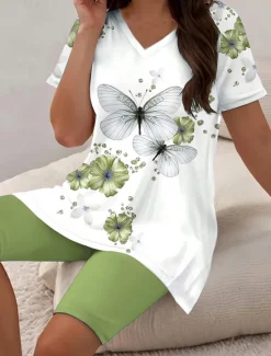 Outlet Women's Fashion Daily T Shirt Shorts Sets Short Sleeve V Neck Ombre Floral Butterfly Print Daily Casual Daily Light Green Grape Ocean Blue Summer Regular Fit Women Two Piece Sets