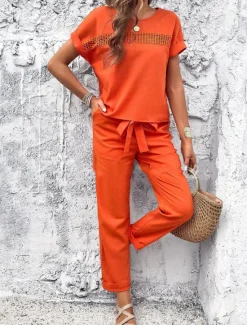 Women's Fashion Shirt Linen-Inspired Sets Two Piece Sets Pants Trousers Short Sleeve Round Neck Solid Color Drawstring Casual Daily Black Orange Green Spring & Summer Regular Fit Women Sets