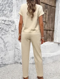 Women's Fashion Shirt Linen-Inspired Sets Two Piece Sets Pants Trousers Short Sleeve Round Neck Solid Color Drawstring Casual Daily Black Orange Green Spring & Summer Regular Fit Women Sets