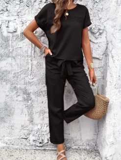 Women's Fashion Shirt Linen-Inspired Sets Two Piece Sets Pants Trousers Short Sleeve Round Neck Solid Color Drawstring Casual Daily Black Orange Green Spring & Summer Regular Fit Women Sets