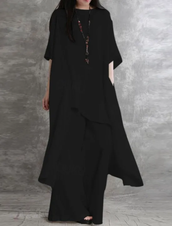 Best Women's Fashion Shirt Pants Sets Long Cotton Top Wide Leg Pants Trousers Long Sleeve Round Neck Solid Color Casual Daily Black White Wine Spring & Summer Regular Fit Women Two Piece Sets