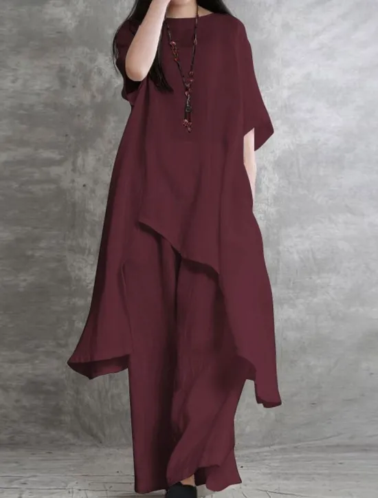 Best Women's Fashion Shirt Pants Sets Long Cotton Top Wide Leg Pants Trousers Long Sleeve Round Neck Solid Color Casual Daily Black White Wine Spring & Summer Regular Fit Women Two Piece Sets