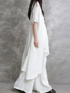 Best Women's Fashion Shirt Pants Sets Long Cotton Top Wide Leg Pants Trousers Long Sleeve Round Neck Solid Color Casual Daily Black White Wine Spring & Summer Regular Fit Women Two Piece Sets