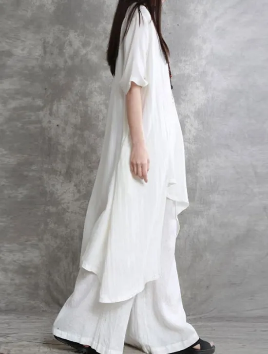 Best Women's Fashion Shirt Pants Sets Long Cotton Top Wide Leg Pants Trousers Long Sleeve Round Neck Solid Color Casual Daily Black White Wine Spring & Summer Regular Fit Women Two Piece Sets