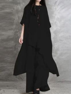 Best Women's Fashion Shirt Pants Sets Long Cotton Top Wide Leg Pants Trousers Long Sleeve Round Neck Solid Color Casual Daily Black White Wine Spring & Summer Regular Fit Women Two Piece Sets