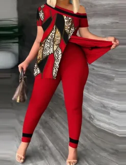Women's Fashion Shirt Pants Sets Pants Trousers Short Sleeve One Shoulder Leopard Print Casual Daily Yellow Red Blue Spring & Summer Regular Fit Women Two Piece Sets