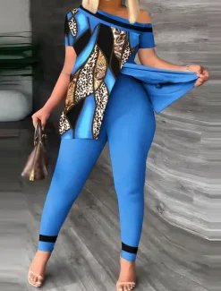 Women's Fashion Shirt Pants Sets Pants Trousers Short Sleeve One Shoulder Leopard Print Casual Daily Yellow Red Blue Spring & Summer Regular Fit Women Two Piece Sets