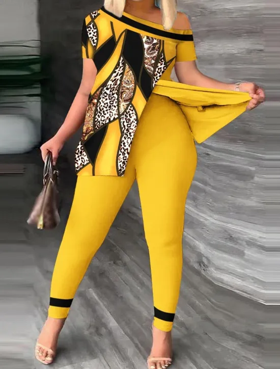 Women's Fashion Shirt Pants Sets Pants Trousers Short Sleeve One Shoulder Leopard Print Casual Daily Yellow Red Blue Spring & Summer Regular Fit Women Two Piece Sets